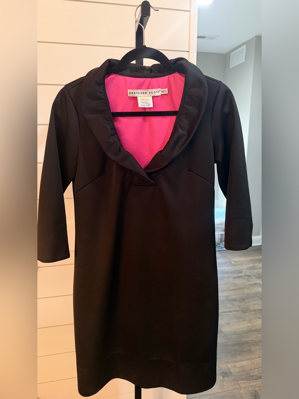 Gretchen Scott Black Dress – Size Small – Pink Lined Ruffle Neck